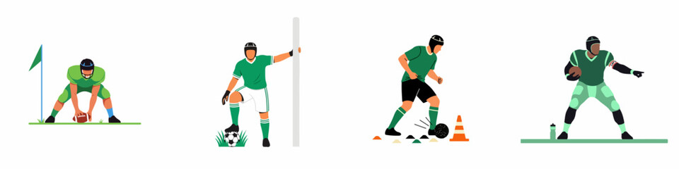 Set of flat vector illustrations featuring athletes playing American football and soccer, depicting various game positions and training exercises on a white background. © Muqodimatul