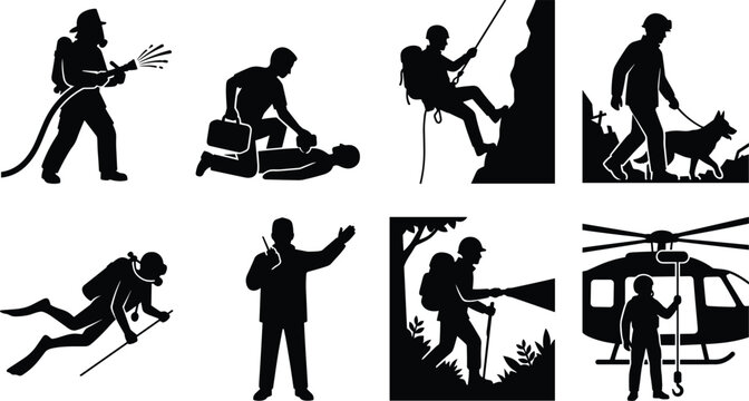 Emergency Response and Rescue Silhouette Icons Set for Safety Search and Disaster Operations