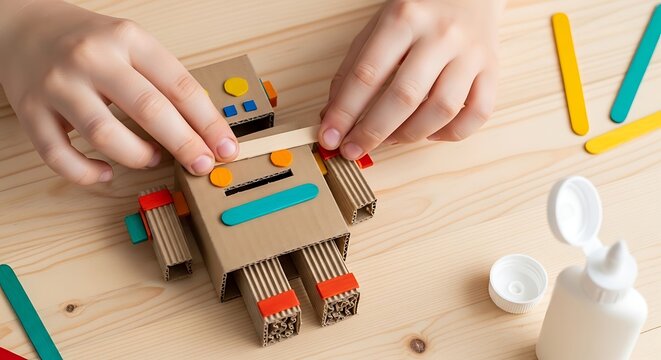 Child hands building a small robot from cardboard and sticks