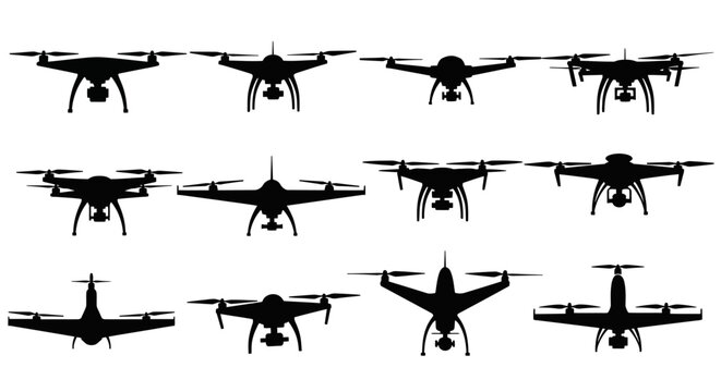 Unmanned aerial vehicle silhouettes, set of 12 drone vector icons, black quadcopter and multicopter symbols for delivery and surveillance technology