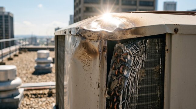 Creative Close-up of damaged air conditioning unit on rooftop, industrial equipment failure, urban infrastructure, broken HVAC system 2k