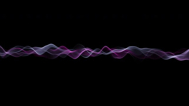 Abstract purple and white neon waveform animation on a black background with delicate flowing light waves. Ideal for music visualizers, motion graphics, audio effects, and futuristic digital media pro