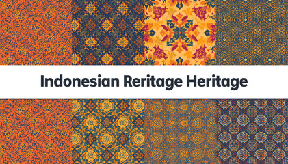 Collection of traditional Indonesian heritage patterns featuring intricate geometric and floral motifs in warm earthy tones, showcasing cultural textile art. © Roma