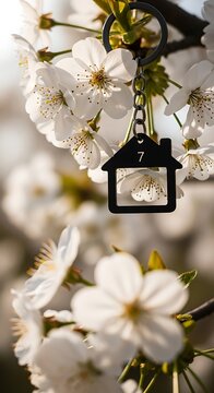 A small black lantern hangs from a chain amidst white blossoms