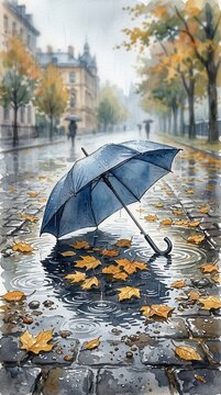 Blue umbrella on a rainy autumn street with fallen leaves