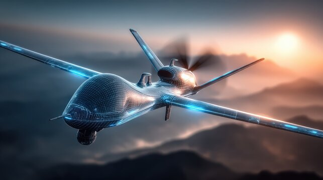 A futuristic drone with glowing blue circuit patterns soars through a dramatic sky. ..Created with Generative AI, not depicting real subjects.