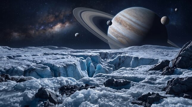 Distant Planet Surface with Ice Fractures Under Ringed Gas Giant in Cosmic Night Sky