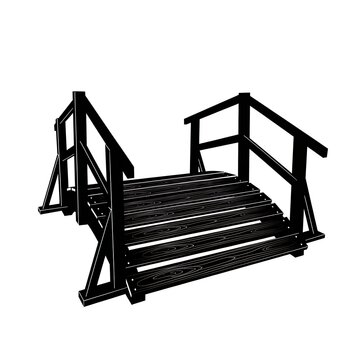 A small black wooden bridge with railings on both sides