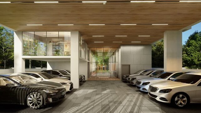 Cars parked in a modern parking garage with wood ceiling