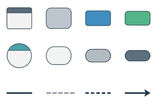 Set of colorful geometric shapes and flowchart symbols for website interface design illustration