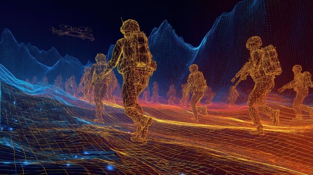 Futuristic soldiers emerge from a digital landscape, their wireframe bodies rendered in vibrant neon hues. ..Created with Generative AI, not depicting real subjects.