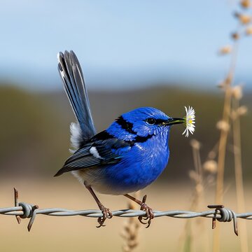 A small blue bird perches on barbed wire with a white flower
