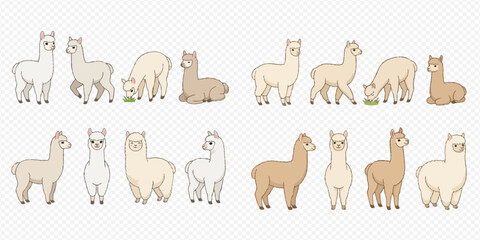 Cute cartoon alpaca and llama characters in various poses, vector illustration set. © Akun
