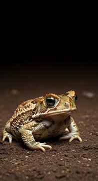A small, brown and orange frog sits on dark brown soil, facing right, with a black background