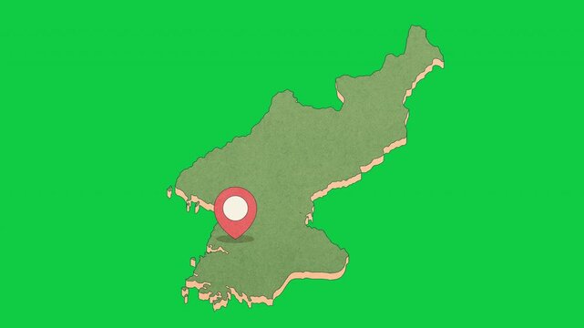 Animated North Korea Map with Bouncing Location Marker on Pyongyang City, Transparent Background, Alpha Channel, 4K resolutio