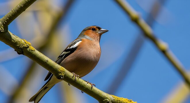 A small brown bird perches on a branch against a blurred blue background
