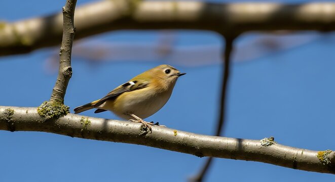 A small brown bird perches on a bare tree branch against a clear blue sky