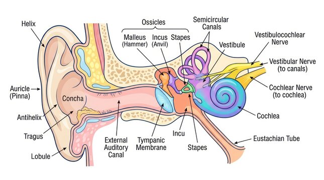 Detailed medical illustration of human ear anatomy with labeled parts for student studies.
