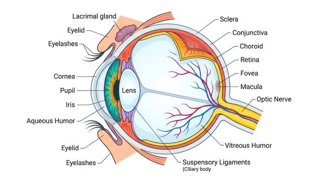 Anatomical illustration of human eye structure with labeled parts for biology education study.