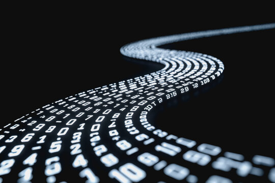 A curving, glowing stream of numerical characters represents flowing digital data and information on a dark background.