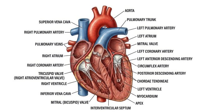 Human heart diagram illustrating coronary circulation and chambers with internal features.