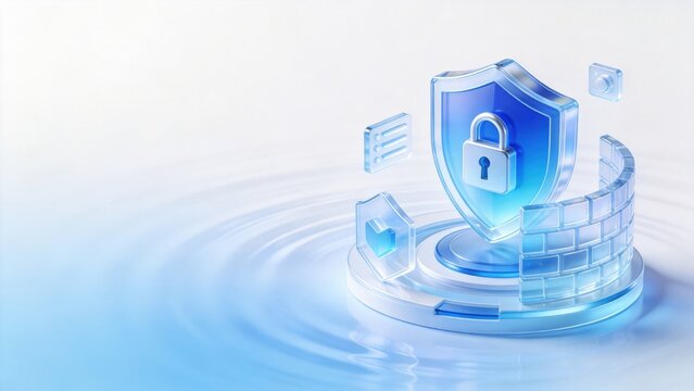 Transparent glass cybersecurity shield with firewall and padlock on clean white background, idea for network security, cloud protection, enterprise cyber defense and data privacy
