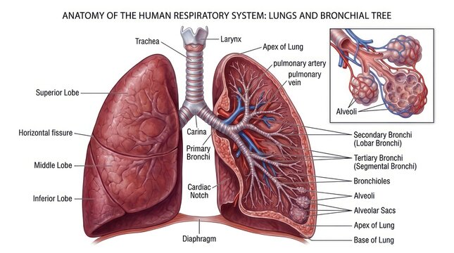 Anatomical illustration showing human lungs trachea larynx and bronchial tree components.