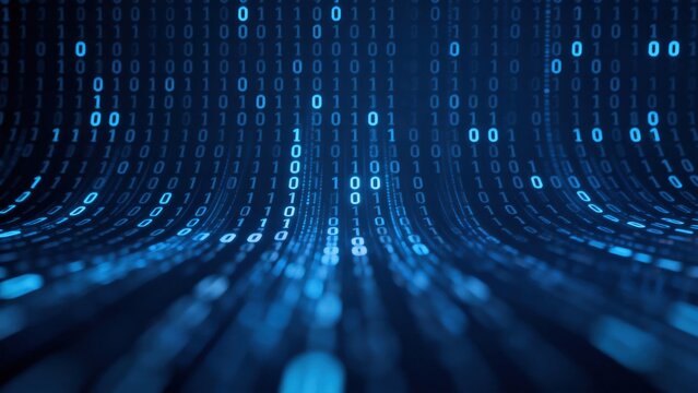 Abstract flowing binary data stream on dark blue technology background, idea for artificial intelligence, digital information, programming, cybersecurity and big data processing