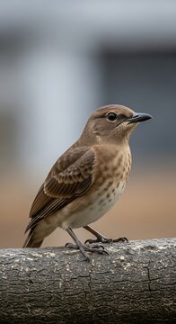 A small brown bird perches on a weathered wooden beam
