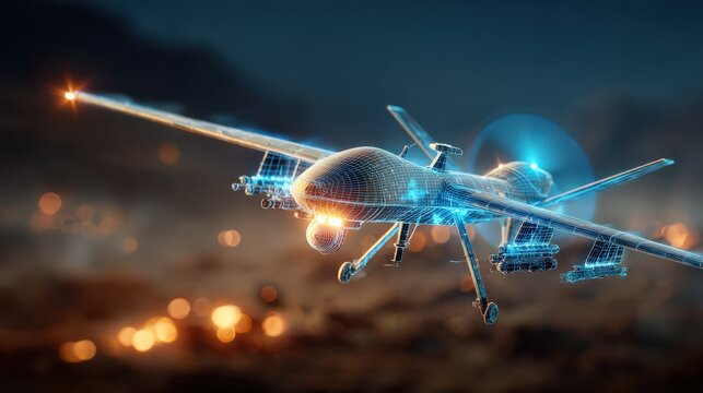 Futuristic drone technology showcased with holographic blueprint overlay. ..Created with Generative AI, not depicting real subjects.