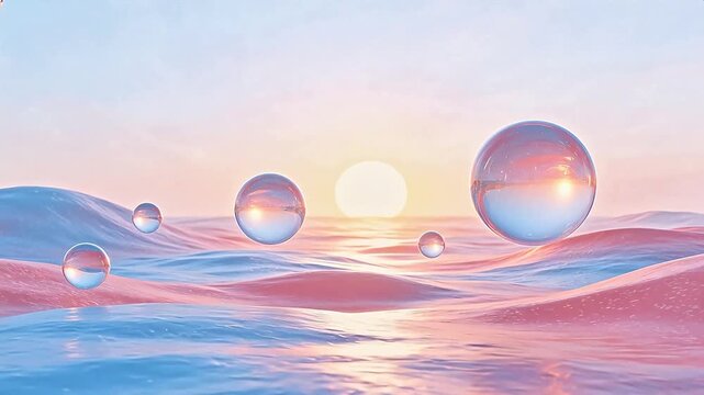 Floating bubbles over pastel waves at sunset