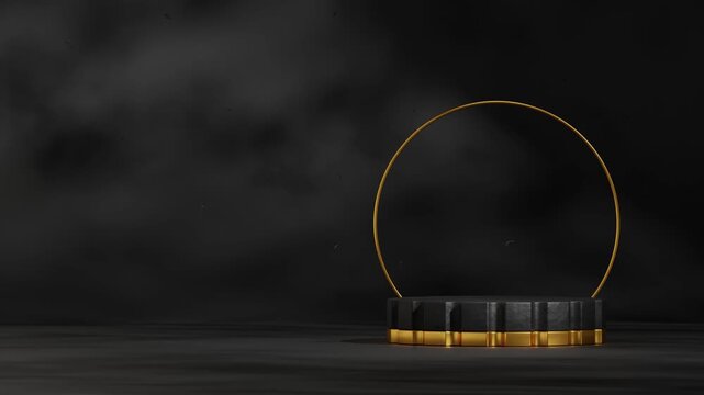 seamless shadow animation looping with ring backdrop, 3d video render mockup template of black textured color and gold podium
