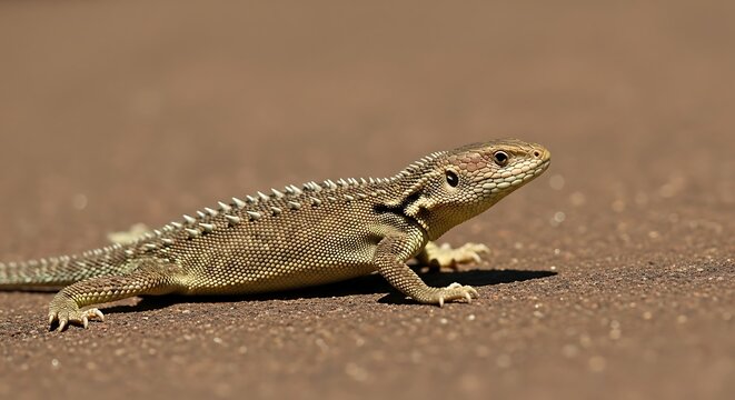 A small, brown reptile with spiky scales and a long tail is standing on a brown surface
