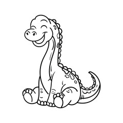 Cute cartoon long neck brachiosaurus dinosaur sitting and laughing happily, black and white line art vector illustration for kids coloring page. © Arya