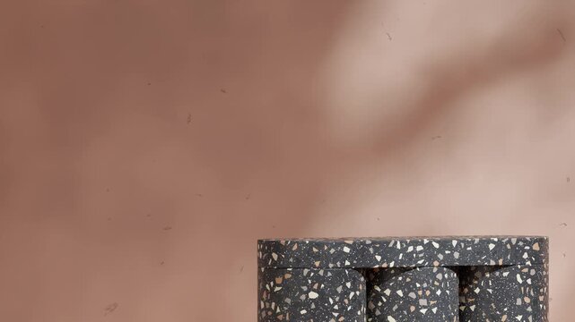 black terrazzo pattern podium seamless loop shadow animation with brown texture wall, 3d video render template mockup
