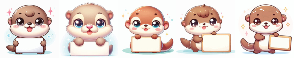 Vector of a cute cartoon otter character holding a blank sign board © FirdianKrisna