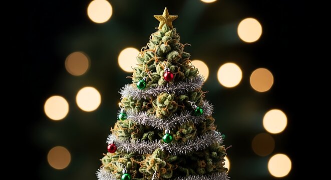 A small, decorated Christmas tree with a star on top and lights in the background