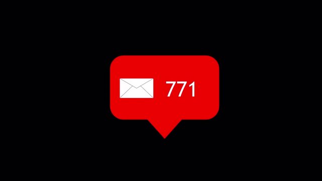 inbox count rising to 900. Animated message counter increasing up on transparent background. Modern notification pop up design for message notification. 4K Video