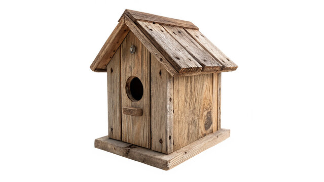 Small rustic vintage wooden model replica of a birdhouse isolated on transparent background cut out