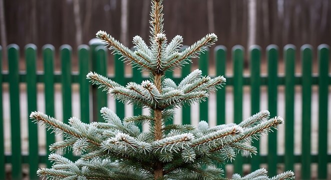 A small evergreen tree with frosted branches in front of a green fence