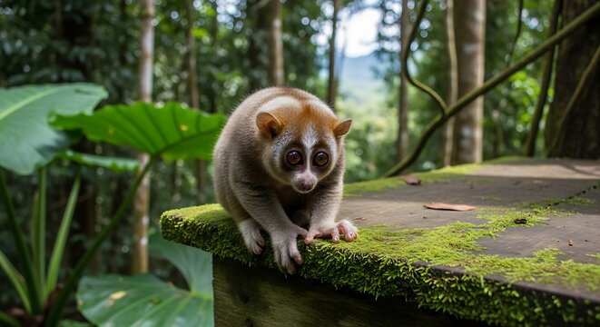 A small, furry creature with large eyes perches on a mossy stone ledge in a lush forest