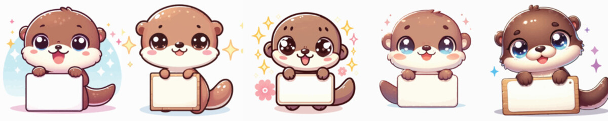 Vector of a cute cartoon otter character holding a blank sign board © FirdianKrisna