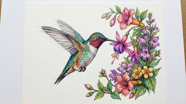 Detailed hummingbird drawing feeding on tropical flowers in bright hand colored sketch art.