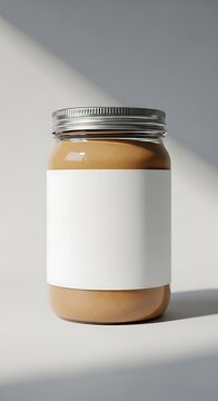 A small glass jar with a silver lid containing a brown substance and a blank white label