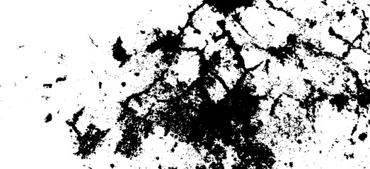 Obraz premium High contrast black and white abstract grunge texture featuring heavy ink stains, deep cracked surface lines, and distressed paint splatters on a solid white background