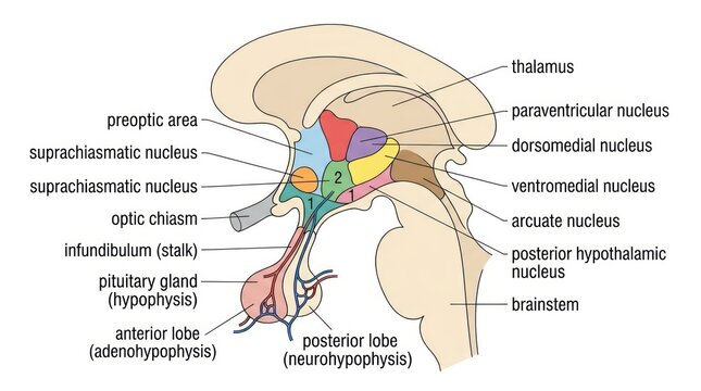 Illustration showing sagittal section of human brain displaying hypothalamic anatomy labels.