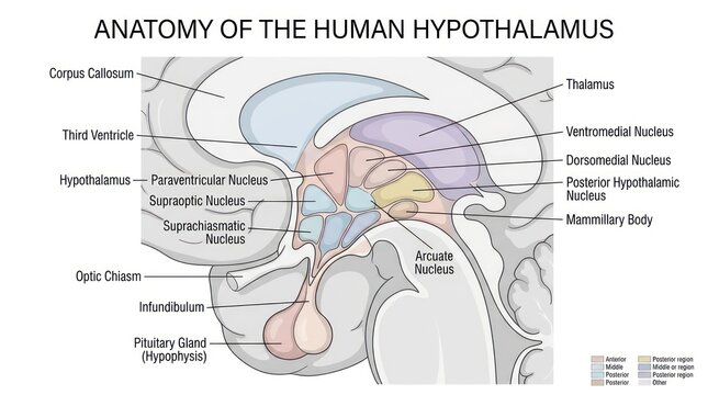 Detailed diagram presenting human hypothalamic anatomy and central nervous system features.