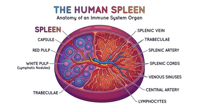 Human spleen anatomy diagram showing internal structures of immune system organ cross view.