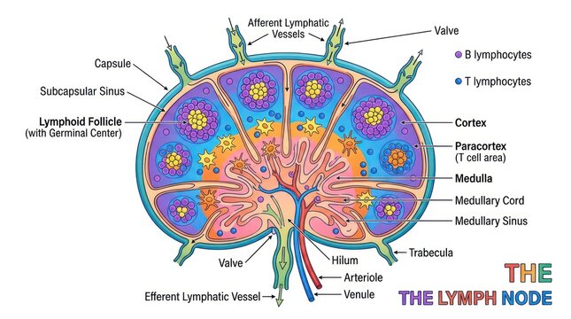 Lymph node anatomy diagram illustrating structure and functions of immune system elements.