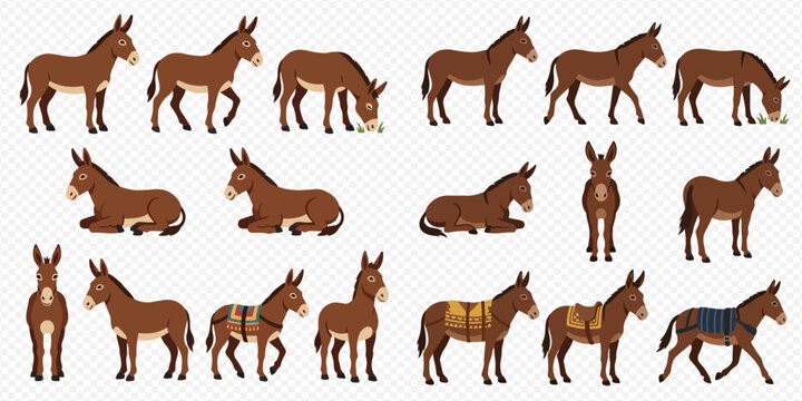 Set of various mule illustrations in different poses, including standing, walking, eating, and resting, with and without saddles.